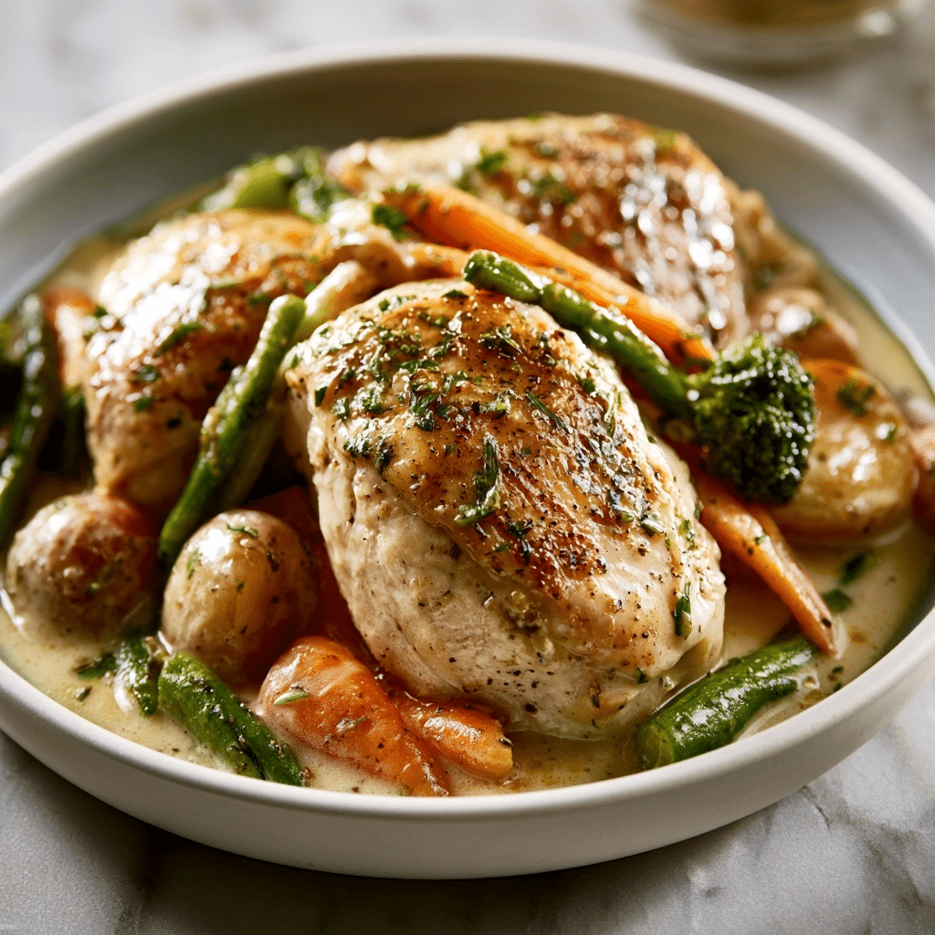 Creamy Slow Cooker Garlic Chicken with Fresh Veggies